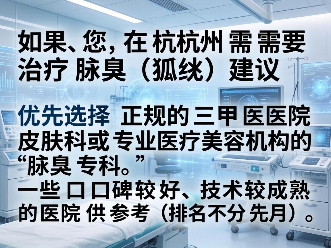 如果您在杭州需要治疗腋臭（狐臭）建议优先选择正规的三甲医院皮肤科或专业医疗美容机构的腋臭专科。以下是一些口碑较好、技术较成熟的医院供参考（排名不分先后）