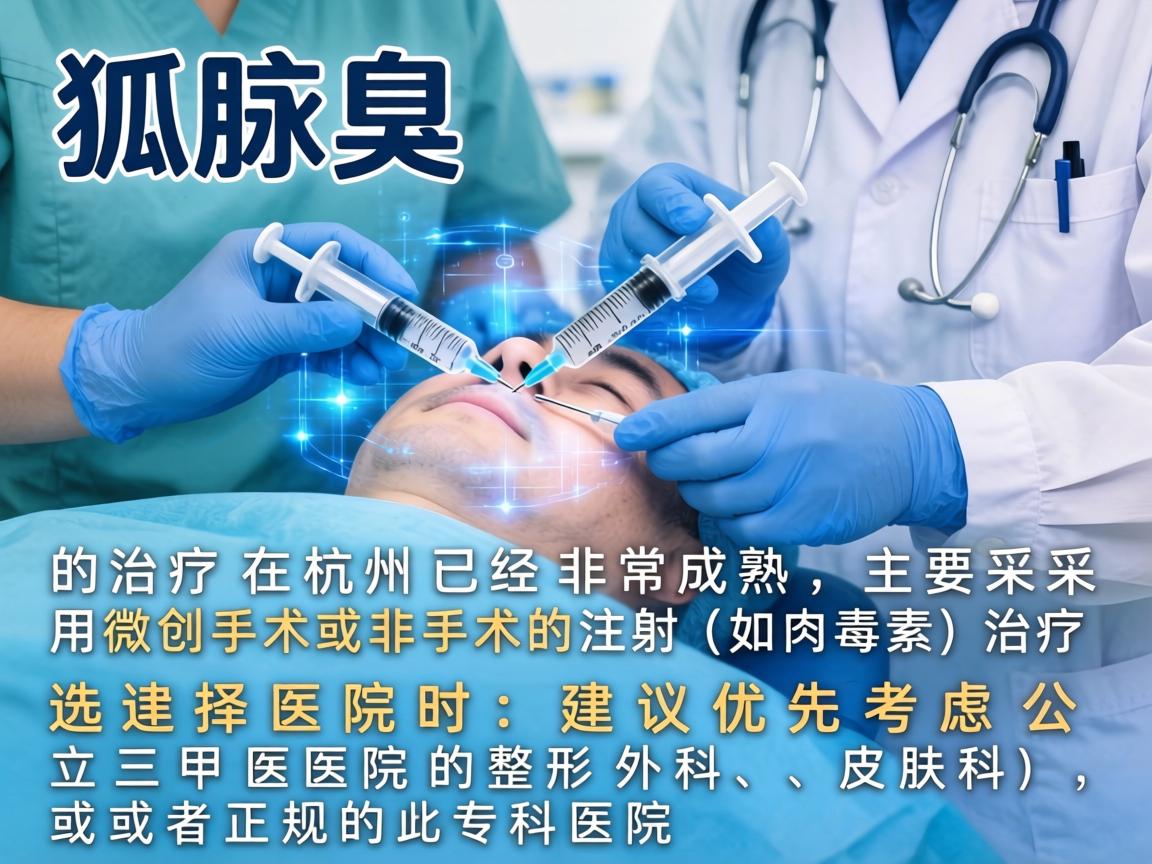 狐臭（腋臭）的治疗在杭州已经非常成熟，主要采用微创手术或非手术的注射（如肉毒素）治疗。选择医院时，建议优先考虑公立三甲医院的整形外科、皮肤科，或者正规的专科医院