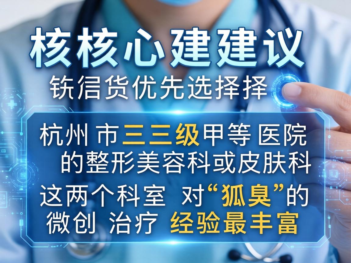 核心建议，请优先选择杭州市三级甲等医院的整形美容科或皮肤科。这两个科室对狐臭的微创治疗经验最丰富