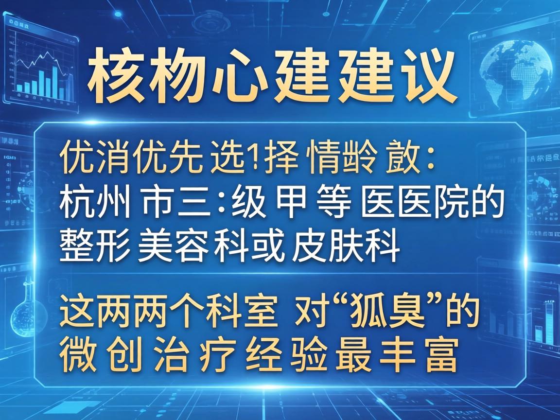 核心建议，请优先选择杭州市三级甲等医院的整形美容科或皮肤科。这两个科室对狐臭的微创治疗经验最丰富