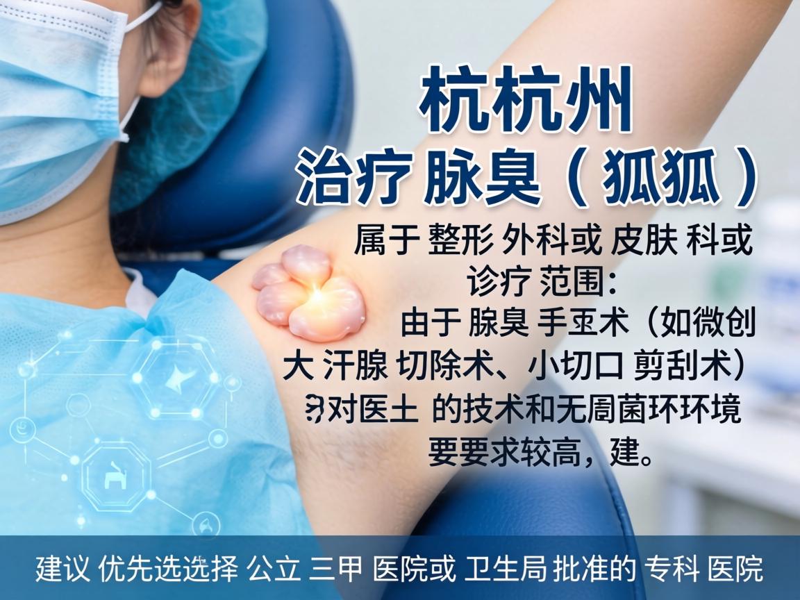 在杭州，治疗腋臭（狐臭）属于整形外科或皮肤科的诊疗范围。由于腋臭手术（如微创大汗腺切除术、小切口剪刮术）对医生的技术和无菌环境要求较高，建议优先选择公立三甲医院或卫生局批准的专科医院