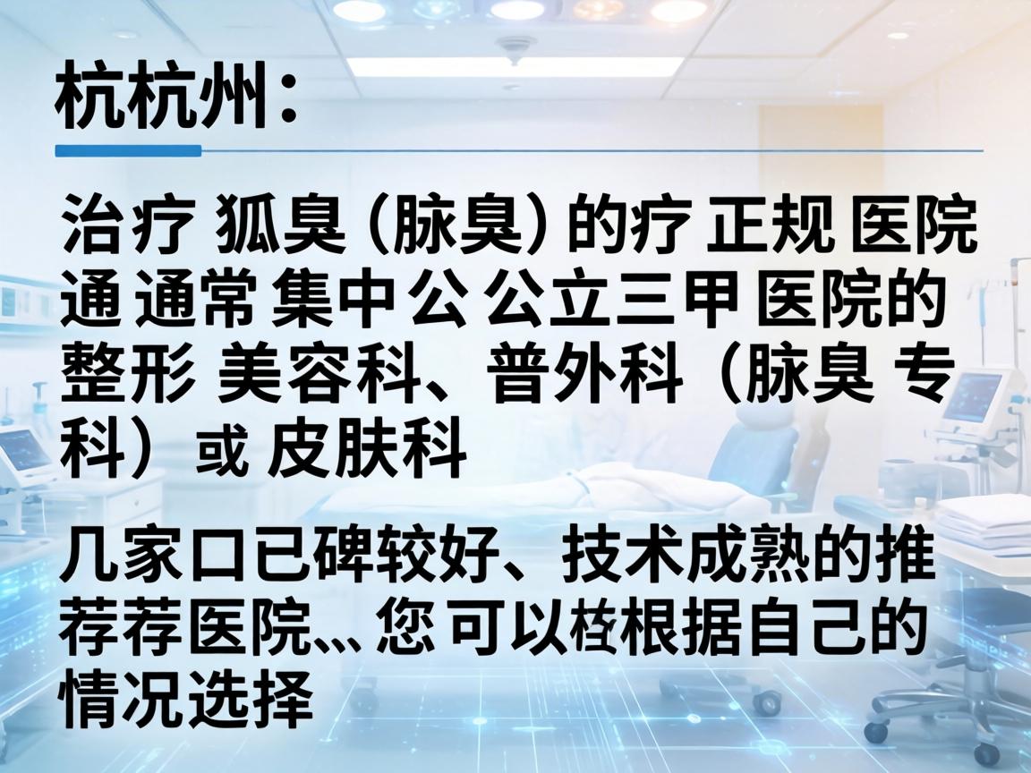 在杭州，治疗狐臭（腋臭）的正规医院通常集中在公立三甲医院的整形美容科、普外科（腋臭专科）或皮肤科。以下是几家口碑较好、技术成熟的推荐医院，您可以根据自己的情况选择