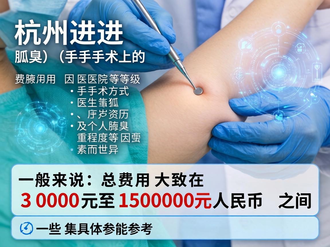 在杭州进行狐臭（腋臭）手术的费用因医院等级、手术方式、医生资历及个人腋臭严重程度等因素而异。一般来说，总费用大致在 3000元至15000元人民币 之间。以下是一些具体参考