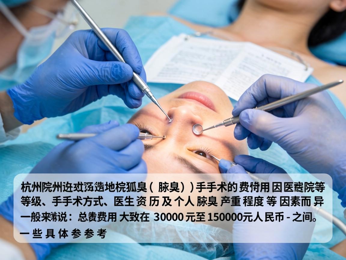 在杭州进行狐臭（腋臭）手术的费用因医院等级、手术方式、医生资历及个人腋臭严重程度等因素而异。一般来说，总费用大致在 3000元至15000元人民币 之间。以下是一些具体参考