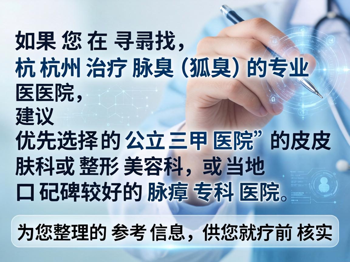 如果您在寻找杭州治疗腋臭（狐臭）的专业医院，建议优先选择公立三甲医院的皮肤科或整形美容科，或当地口碑较好的腋臭专科医院。以下是为您整理的参考信息，供您就医前核实
