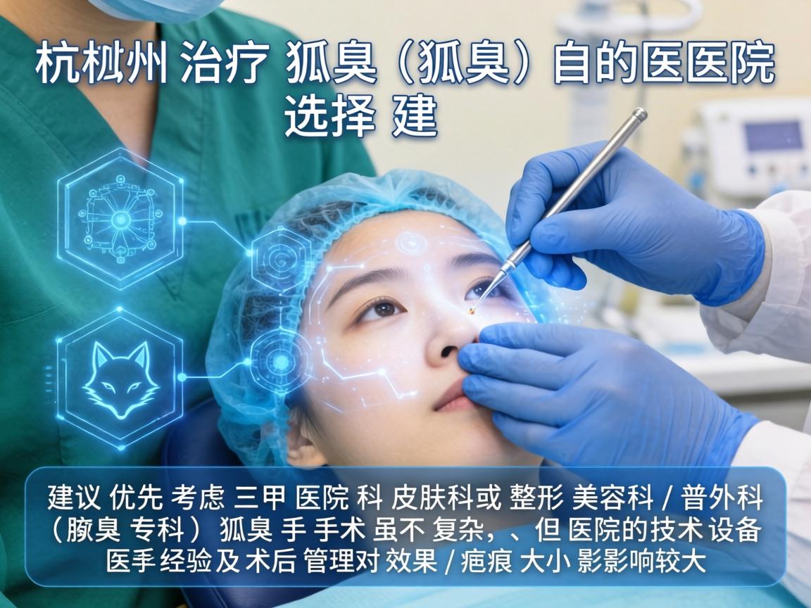 杭州治疗狐臭（腋臭）的医院选择，建议优先考虑三甲医院的皮肤科或整形美容科/普外科（腋臭专科）狐臭手术虽不复杂，但医院的技术设备、医生经验及术后管理对效果和疤痕大小影响较大