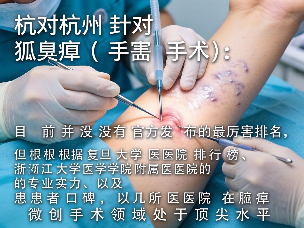 在杭州,针对狐臭(腋臭)手术,目前并没有官方发布的最厉害排名,但根据复旦大学医院排行榜、浙江大学医学院附属医院的专业实力、以及患者口碑,以下几所医院在腋臭微创手术领域处于顶尖水平 在杭州,针对狐臭(腋臭)手术,目前并没有官方发布的最厉害排名,但根据复旦大学医院排行榜、浙江大学医学院附属医院的专业实力、以及患者口碑,以下几所医院在腋臭微创手术领域处于顶尖水平