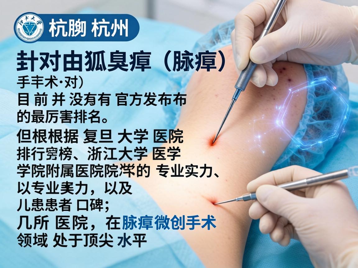 在杭州,针对狐臭(腋臭)手术,目前并没有官方发布的最厉害排名,但根据复旦大学医院排行榜、浙江大学医学院附属医院的专业实力、以及患者口碑,以下几所医院在腋臭微创手术领域处于顶尖水平 在杭州,针对狐臭(腋臭)手术,目前并没有官方发布的最厉害排名,但根据复旦大学医院排行榜、浙江大学医学院附属医院的专业实力、以及患者口碑,以下几所医院在腋臭微创手术领域处于顶尖水平