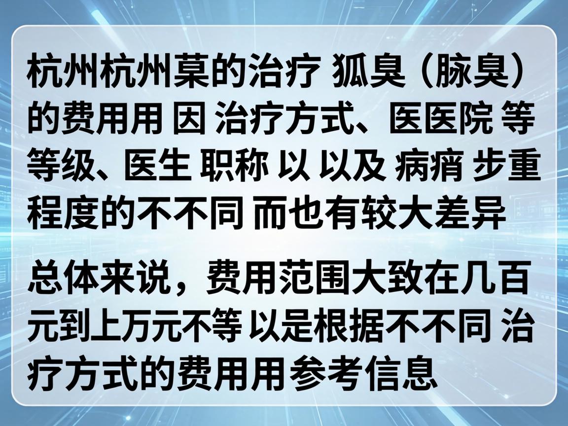 在杭州治疗狐臭(腋臭)的费用因治疗方式、医院等级、医生职称以及病情严重程度的不同而有较大差异。总体来说,费用范围大致在几百元到上万元不等。以下是根据不同治疗方式的费用参考信息 在杭州治疗狐臭(腋臭)的费用因治疗方式、医院等级、医生职称以及病情严重程度的不同而有较大差异。总体来说,费用范围大致在几百元到上万元不等。以下是根据不同治疗方式的费用参考信息