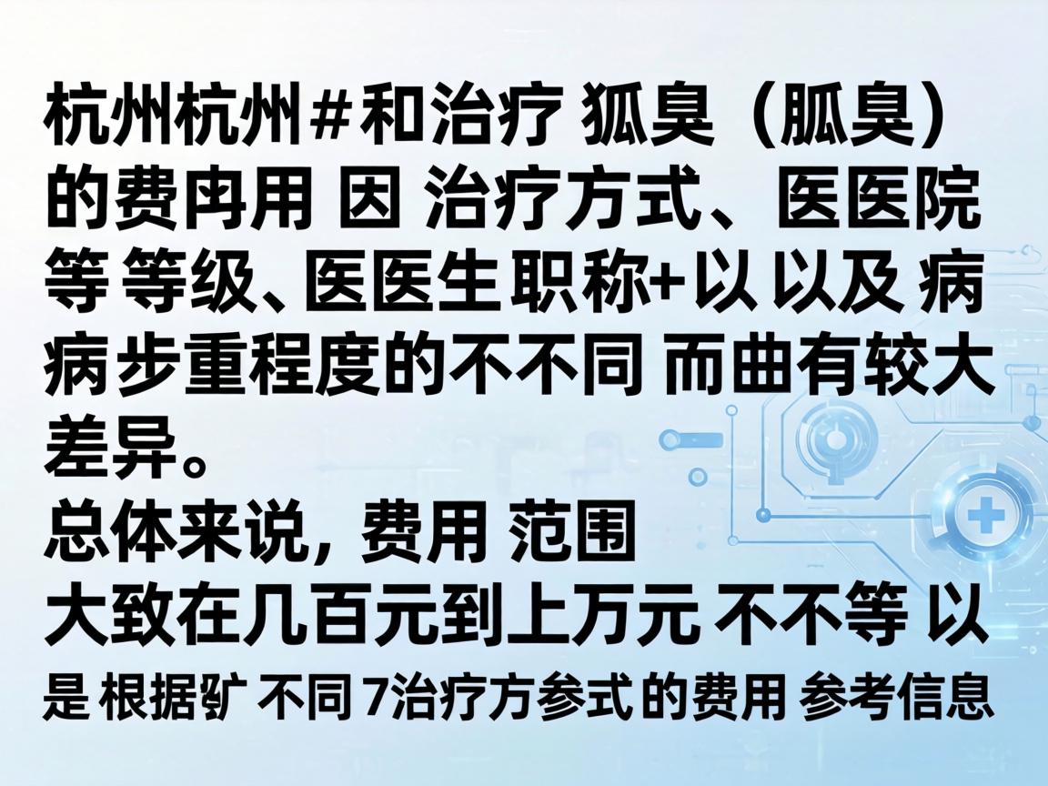 在杭州治疗狐臭(腋臭)的费用因治疗方式、医院等级、医生职称以及病情严重程度的不同而有较大差异。总体来说,费用范围大致在几百元到上万元不等。以下是根据不同治疗方式的费用参考信息 在杭州治疗狐臭(腋臭)的费用因治疗方式、医院等级、医生职称以及病情严重程度的不同而有较大差异。总体来说,费用范围大致在几百元到上万元不等。以下是根据不同治疗方式的费用参考信息