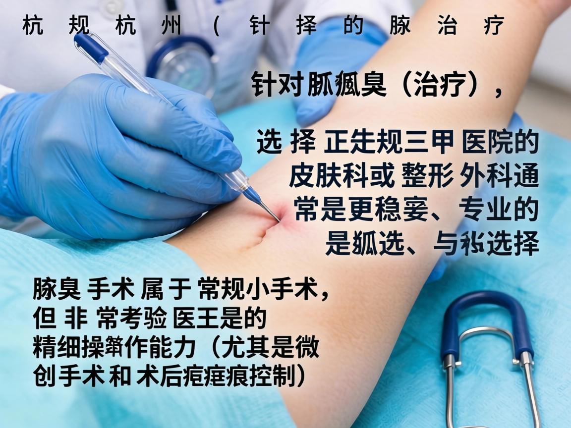 在杭州，针对腋臭（狐臭）的治疗，选择正规三甲医院的皮肤科或整形外科通常是更稳妥、专业的选择。腋臭手术属于常规小手术，但非常考验医生的精细操作能力（尤其是微创手术和术后疤痕控制）