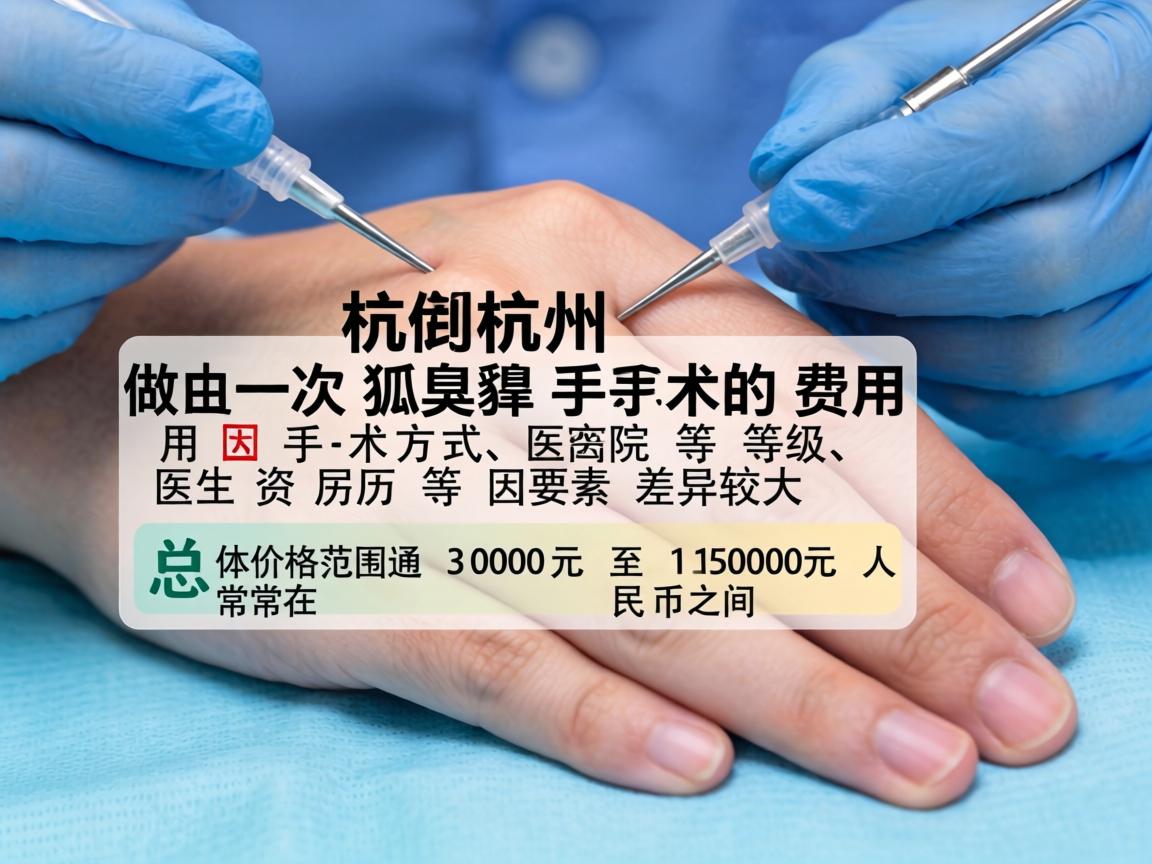 在杭州，做一次狐臭手术的费用因手术方式、医院等级、医生资历等因素差异较大，总体价格范围通常在 3000元 至 15000元 人民币之间