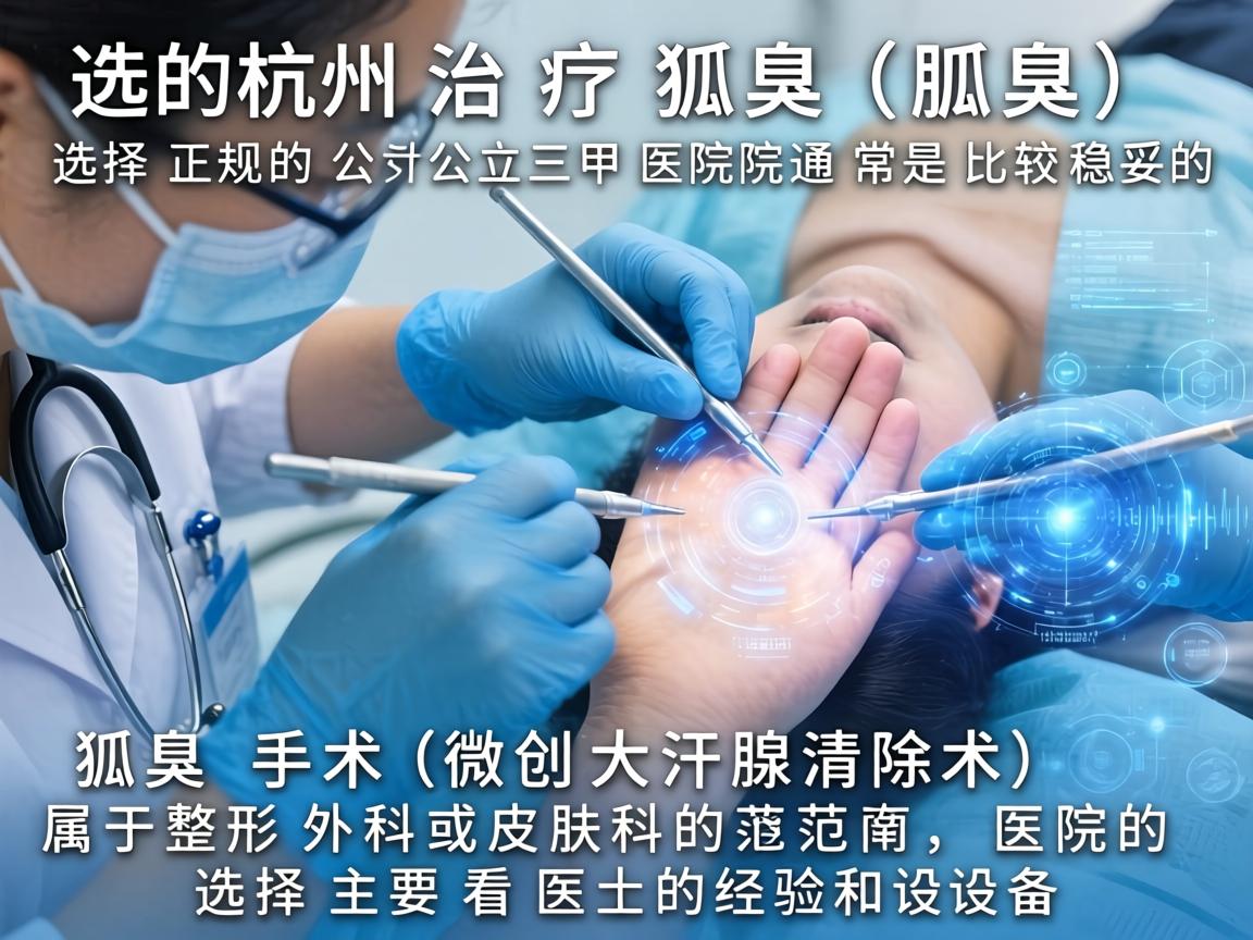 在杭州治疗狐臭（腋臭）选择正规的公立三甲医院通常是比较稳妥的。狐臭手术（微创大汗腺清除术）属于整形外科或皮肤科的范畴，医院的选择主要看医生的经验和设备