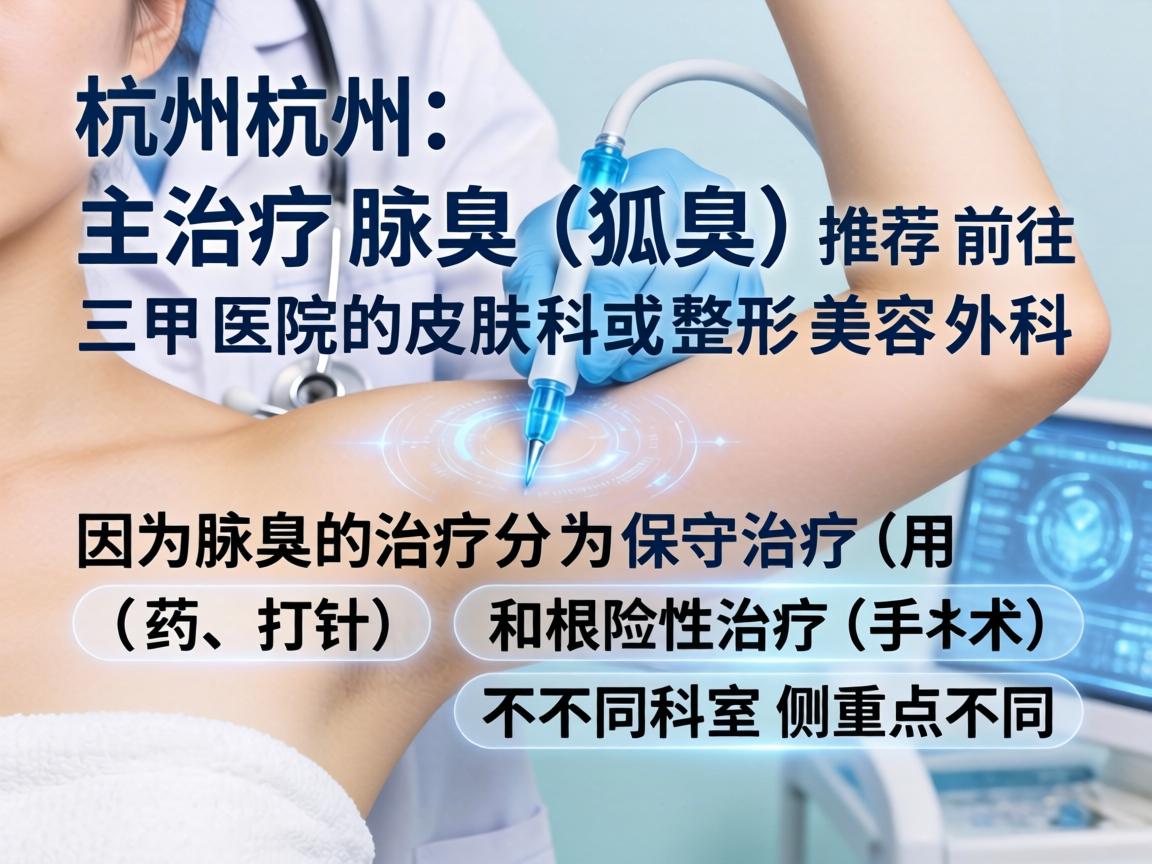 在杭州，治疗腋臭（狐臭）主要推荐前往三甲医院的皮肤科或整形美容外科。因为腋臭的治疗分为保守治疗（用药、打针）和根治性治疗（手术）不同科室侧重点不同
