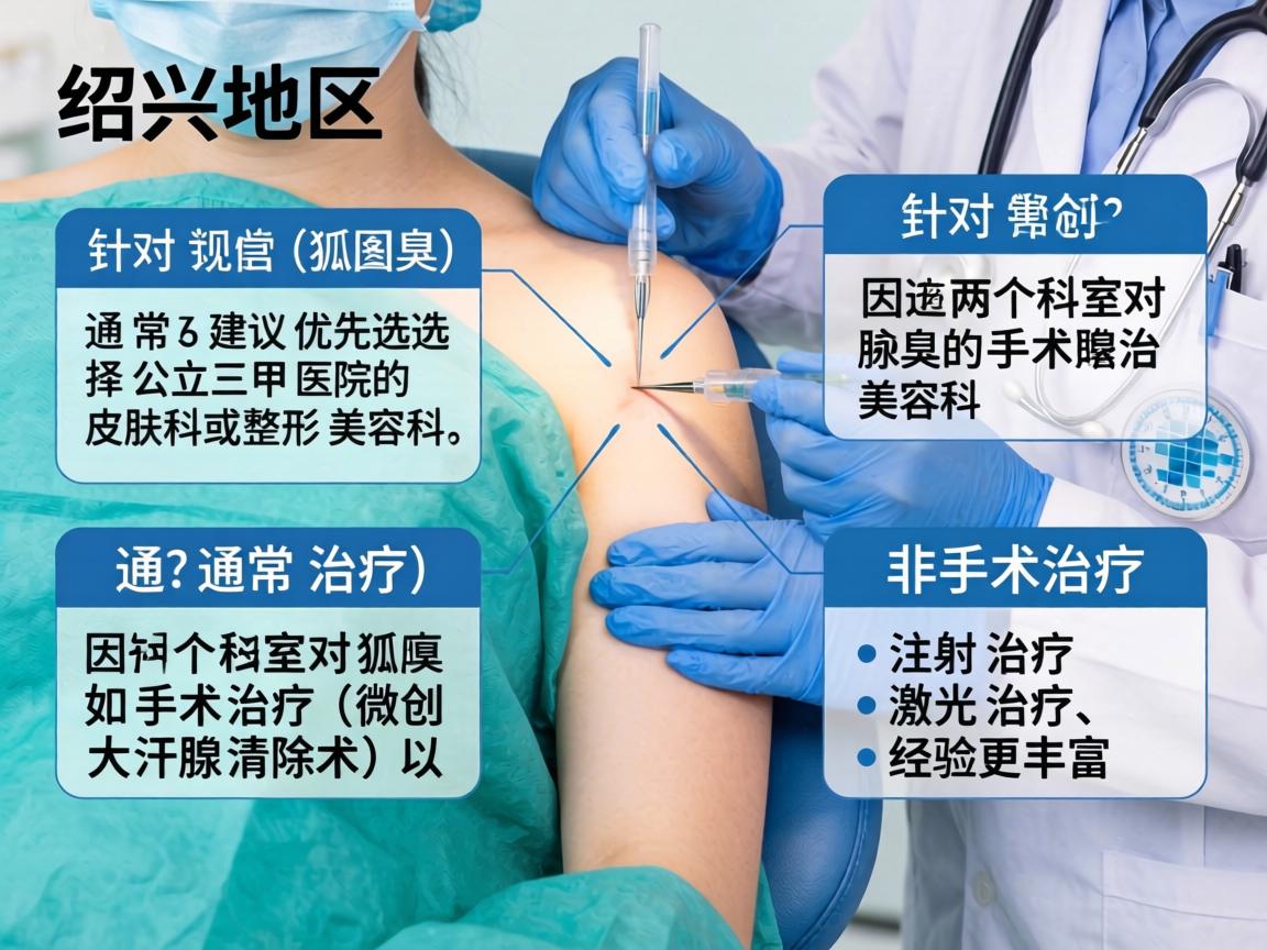 在绍兴地区，针对腋臭（狐臭）的治疗，通常建议优先选择公立三甲医院的皮肤科或整形美容科，因为这两个科室对腋臭的手术治疗（如微创大汗腺清除术）以及非手术治疗（如注射治疗、激光治疗）经验更丰富