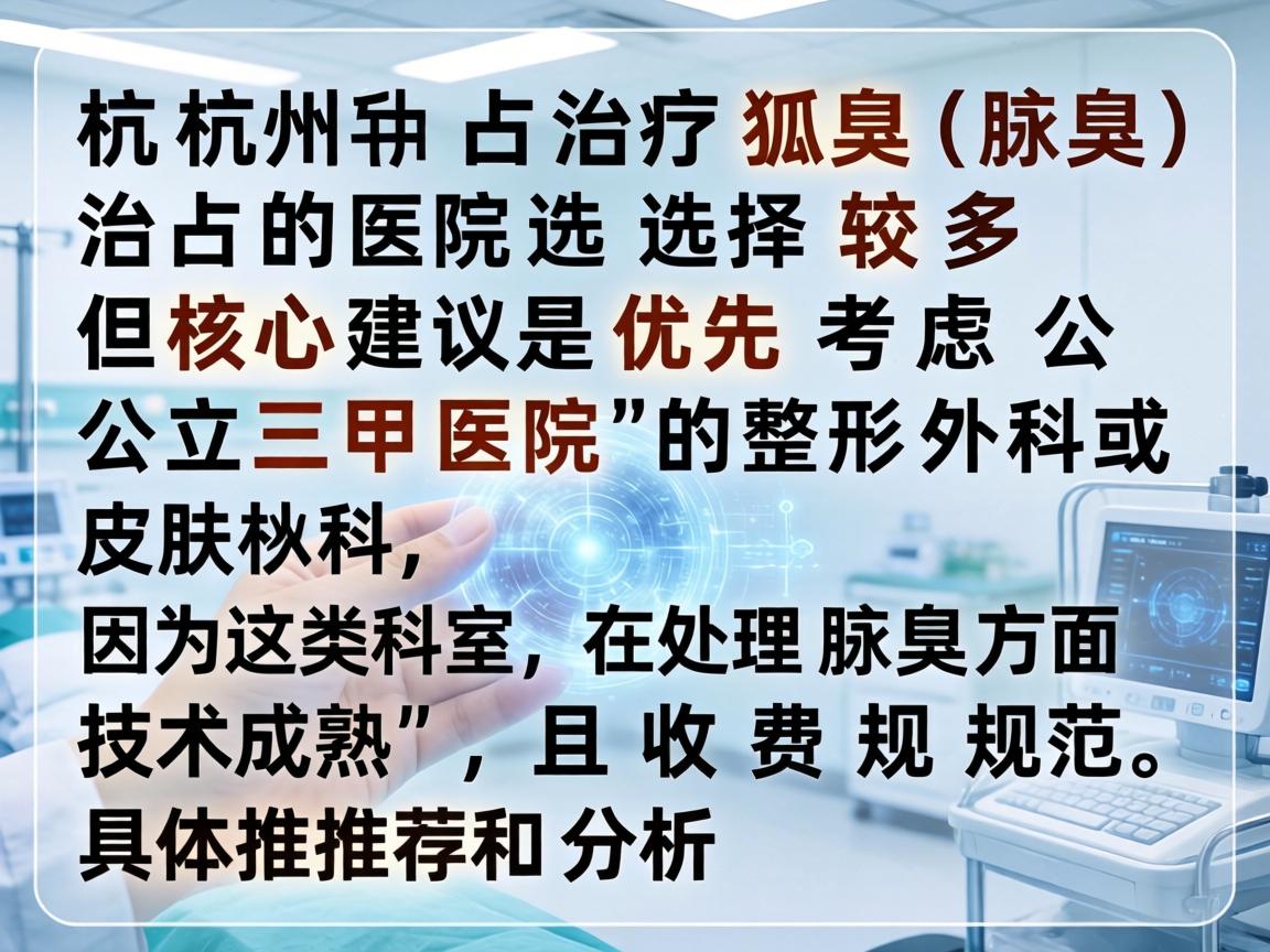 在杭州，治疗狐臭（腋臭）的医院选择较多，但核心建议是优先考虑公立三甲医院的整形外科或皮肤科，因为这类科室在处理腋臭方面技术成熟，且收费规范。以下是具体推荐和分析