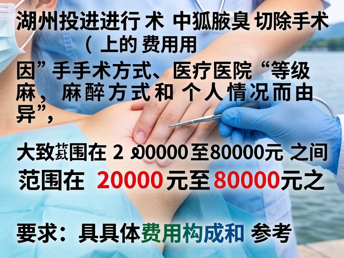 在湖州进行狐臭手术（腋臭切除术）的费用因手术方式、医院等级、麻醉方式和个人情况而异，大致范围在 2000元至8000元 之间。以下是具体费用构成和参考