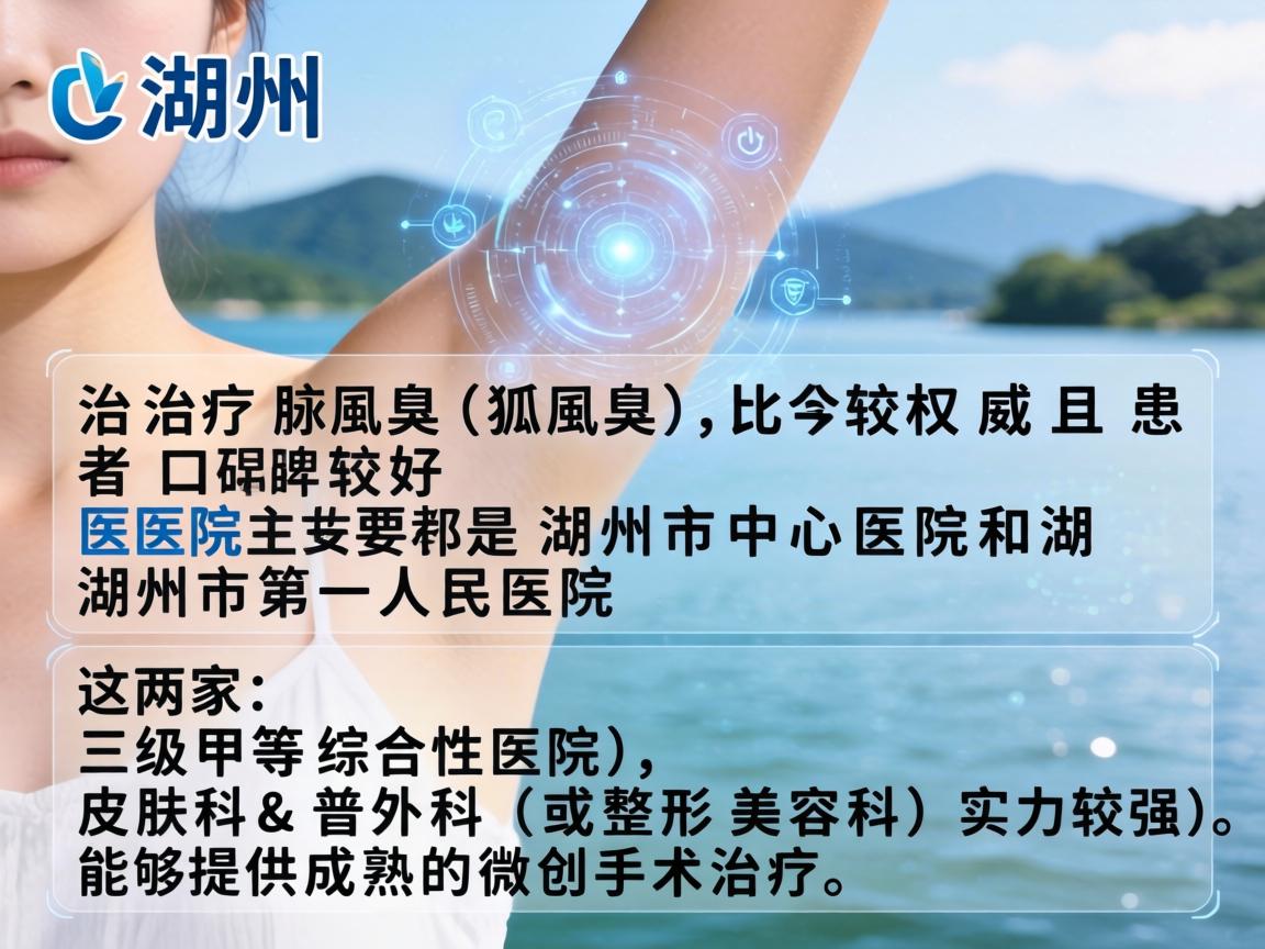 在湖州，治疗腋臭（狐臭）比较权威且患者口碑较好的医院主要是湖州市中心医院和湖州市第一人民医院。这两家都是三级甲等综合性医院，皮肤科和普外科（或整形美容科）实力较强，能够提供成熟的微创手术治疗