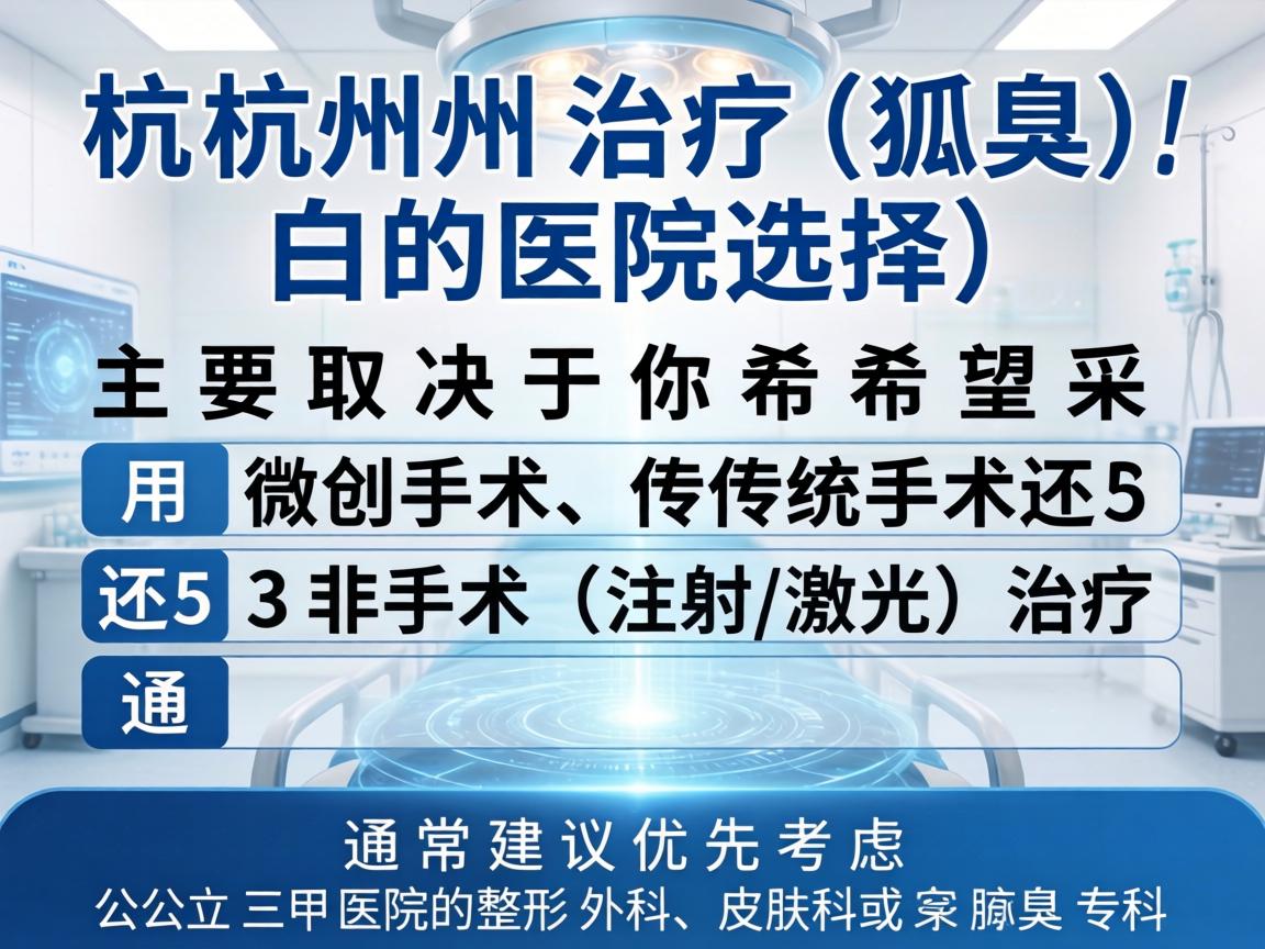 杭州治疗狐臭（腋臭）的医院选择，主要取决于你希望采用微创手术、传统手术还是非手术（注射/激光）治疗。通常建议优先考虑公立三甲医院的整形外科、皮肤科或腋臭专科