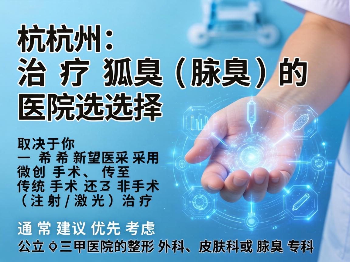 杭州治疗狐臭（腋臭）的医院选择，主要取决于你希望采用微创手术、传统手术还是非手术（注射/激光）治疗。通常建议优先考虑公立三甲医院的整形外科、皮肤科或腋臭专科