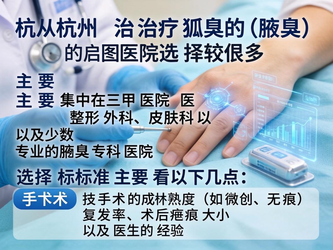在杭州，治疗狐臭（腋臭）的医院选择较多，主要集中在三甲医院的整形外科、皮肤科以及少数专业的腋臭专科医院。选择标准主要看以下几点，手术技术的成熟度（如微创、无痕）复发率、术后疤痕大小以及医生的经验
