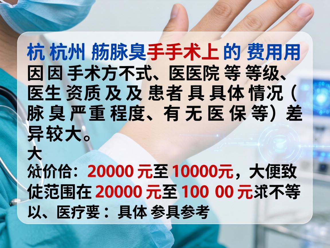 杭州腋臭手术的费用因手术方式、医院等级、医生资质及患者具体情况（如腋臭严重程度、有无医保等）差异较大，大致价格范围在2000元至10000元不等。以下是具体参考