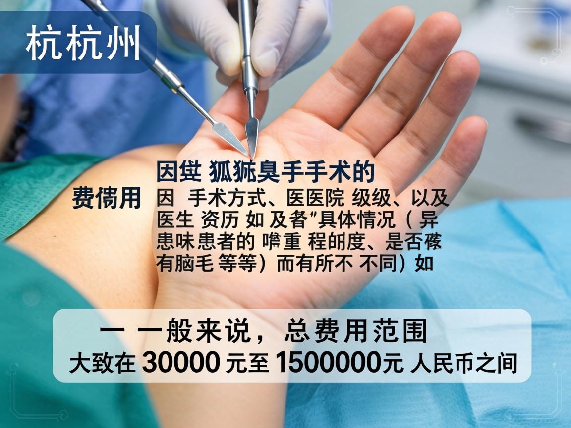在杭州,狐臭手术的费用因手术方式、医院级别、医生资历以及患者的具体情况(如异味严重程度、是否有腋毛等)而有所不同。一般来说,总费用范围大致在3000元至15000元人民币之间 在杭州,狐臭手术的费用因手术方式、医院级别、医生资历以及患者的具体情况(如异味严重程度、是否有腋毛等)而有所不同。一般来说,总费用范围大致在3000元至15000元人民币之间