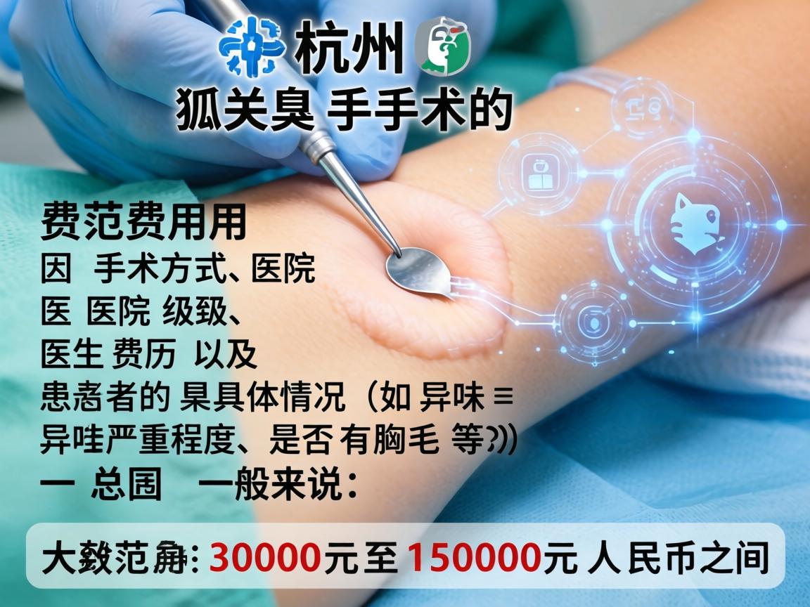 在杭州,狐臭手术的费用因手术方式、医院级别、医生资历以及患者的具体情况(如异味严重程度、是否有腋毛等)而有所不同。一般来说,总费用范围大致在3000元至15000元人民币之间 在杭州,狐臭手术的费用因手术方式、医院级别、医生资历以及患者的具体情况(如异味严重程度、是否有腋毛等)而有所不同。一般来说,总费用范围大致在3000元至15000元人民币之间