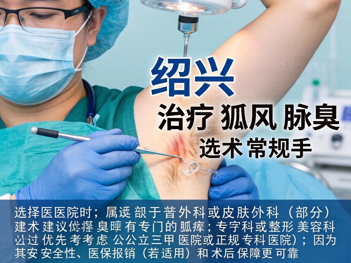 在绍兴，治疗腋臭（狐臭）属于普外科或皮肤科（部分医院有专门的腋臭专科或整形美容科）的常规手术。选择医院时，建议优先考虑公立三甲医院或正规专科医院，因为其安全性、医保报销（若适用）和术后保障更可靠