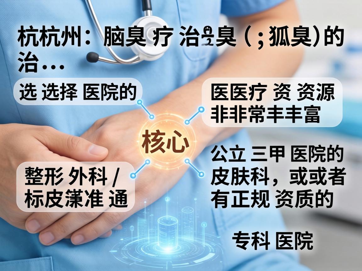 在杭州,治疗腋臭(狐臭)的医疗资源非常丰富。选择医院的核心标准通常是,公立三甲医院的整形外科/皮肤科,或者有正规资质的专科医院 在杭州,治疗腋臭(狐臭)的医疗资源非常丰富。选择医院的核心标准通常是,公立三甲医院的整形外科/皮肤科,或者有正规资质的专科医院