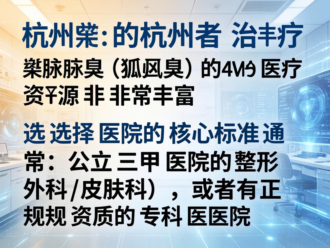 在杭州,治疗腋臭(狐臭)的医疗资源非常丰富。选择医院的核心标准通常是,公立三甲医院的整形外科/皮肤科,或者有正规资质的专科医院 在杭州,治疗腋臭(狐臭)的医疗资源非常丰富。选择医院的核心标准通常是,公立三甲医院的整形外科/皮肤科,或者有正规资质的专科医院