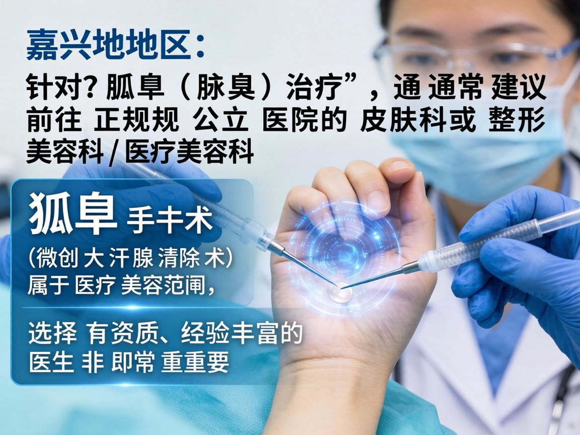在嘉兴地区，针对狐臭（腋臭）的治疗，通常建议前往正规公立医院的皮肤科或整形美容科/医疗美容科。狐臭手术（如微创大汗腺清除术）属于医疗美容范畴，选择有资质、经验丰富的医生非常重要