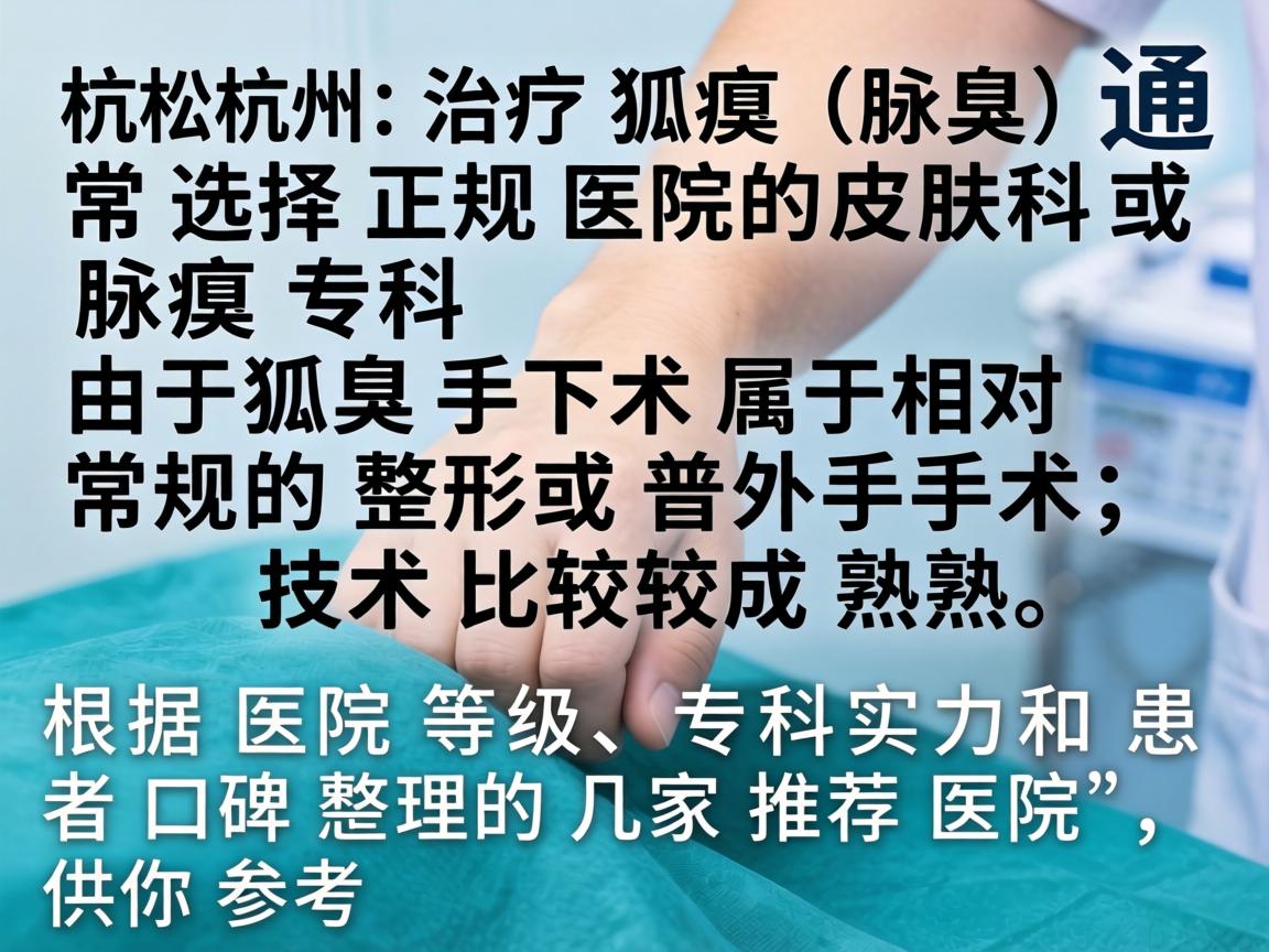 在杭州,治疗狐臭(腋臭)通常选择正规医院的皮肤科或腋臭专科。由于狐臭手术属于相对常规的整形或普外手术,技术比较成熟。以下是根据医院等级、专科实力和患者口碑整理的几家推荐医院,供你参考 在杭州,治疗狐臭(腋臭)通常选择正规医院的皮肤科或腋臭专科。由于狐臭手术属于相对常规的整形或普外手术,技术比较成熟。以下是根据医院等级、专科实力和患者口碑整理的几家推荐医院,供你参考