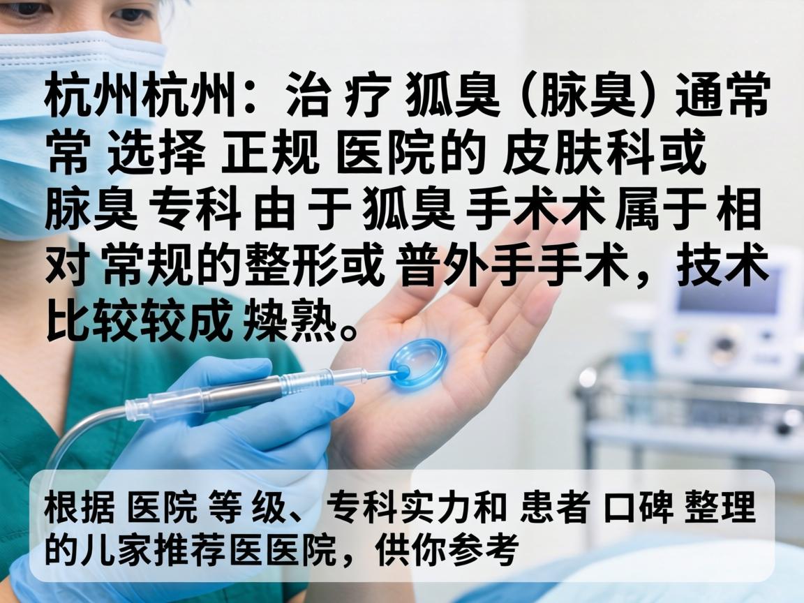 在杭州,治疗狐臭(腋臭)通常选择正规医院的皮肤科或腋臭专科。由于狐臭手术属于相对常规的整形或普外手术,技术比较成熟。以下是根据医院等级、专科实力和患者口碑整理的几家推荐医院,供你参考 在杭州,治疗狐臭(腋臭)通常选择正规医院的皮肤科或腋臭专科。由于狐臭手术属于相对常规的整形或普外手术,技术比较成熟。以下是根据医院等级、专科实力和患者口碑整理的几家推荐医院,供你参考