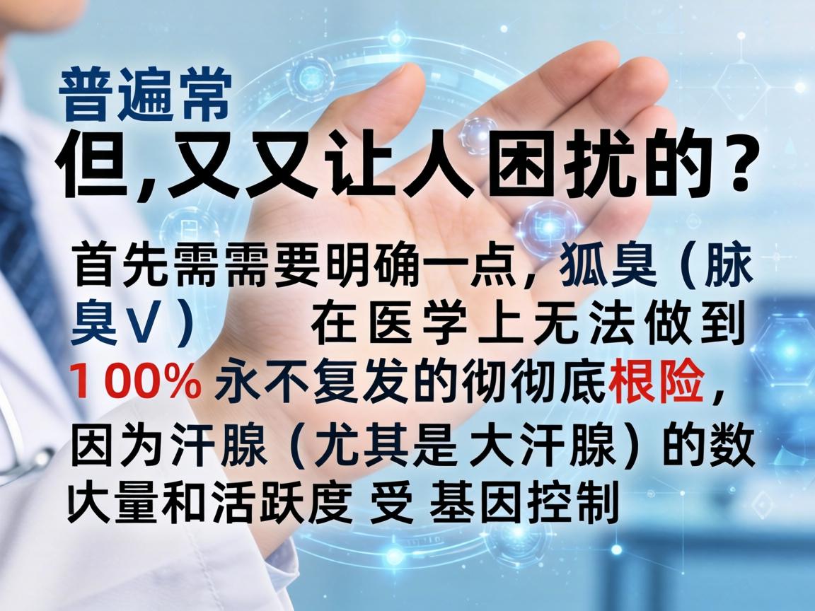 这是一个非常普遍但又让人困扰的问题。首先需要明确一点,狐臭(腋臭)在医学上无法做到100%永不复发的彻底根除,因为汗腺(尤其是大汗腺)的数量和活跃度受基因控制 这是一个非常普遍但又让人困扰的问题。首先需要明确一点,狐臭(腋臭)在医学上无法做到100%永不复发的彻底根除,因为汗腺(尤其是大汗腺)的数量和活跃度受基因控制