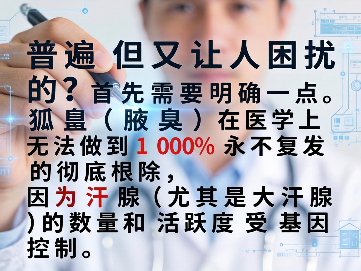 这是一个非常普遍但又让人困扰的问题。首先需要明确一点,狐臭(腋臭)在医学上无法做到100%永不复发的彻底根除,因为汗腺(尤其是大汗腺)的数量和活跃度受基因控制 这是一个非常普遍但又让人困扰的问题。首先需要明确一点,狐臭(腋臭)在医学上无法做到100%永不复发的彻底根除,因为汗腺(尤其是大汗腺)的数量和活跃度受基因控制