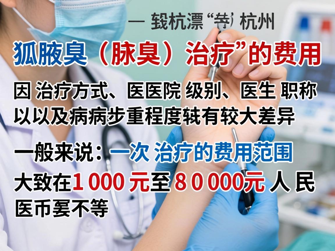 在杭州，狐臭（腋臭）治疗的费用因治疗方式、医院级别、医生职称以及病情严重程度而有较大差异。一般来说，一次治疗的费用范围大致在1000元至8000元人民币不等