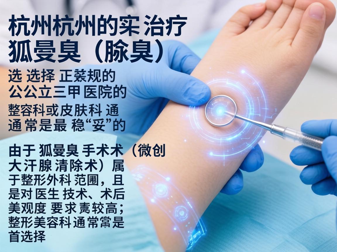 在杭州，治疗狐臭（腋臭）选择正规的公立三甲医院的整形美容科或皮肤科通常是最稳妥的。由于狐臭手术（微创大汗腺清除术）属于整形外科范畴，且对医生技术、术后美观度要求较高，整形美容科通常是首选