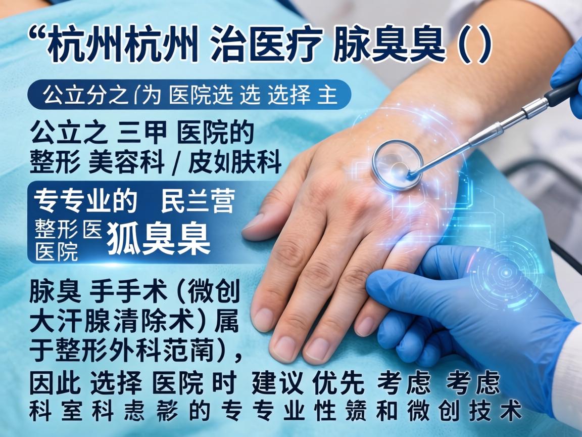 在杭州，治疗腋臭（狐臭）的医院选择主要分为公立三甲医院的整形美容科/皮肤科和专业的民营整形医院。腋臭手术（如微创大汗腺清除术）属于整形外科范畴，因此选择医院时建议优先考虑科室的专业性和微创技术