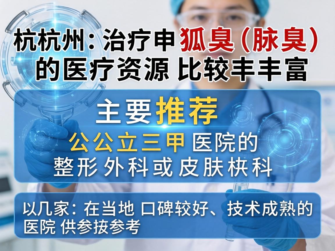 杭州治疗狐臭(腋臭)的医疗资源比较丰富,主要推荐公立三甲医院的整形外科或皮肤科。以下是几家在当地口碑较好、技术成熟的医院供参考 杭州治疗狐臭(腋臭)的医疗资源比较丰富,主要推荐公立三甲医院的整形外科或皮肤科。以下是几家在当地口碑较好、技术成熟的医院供参考