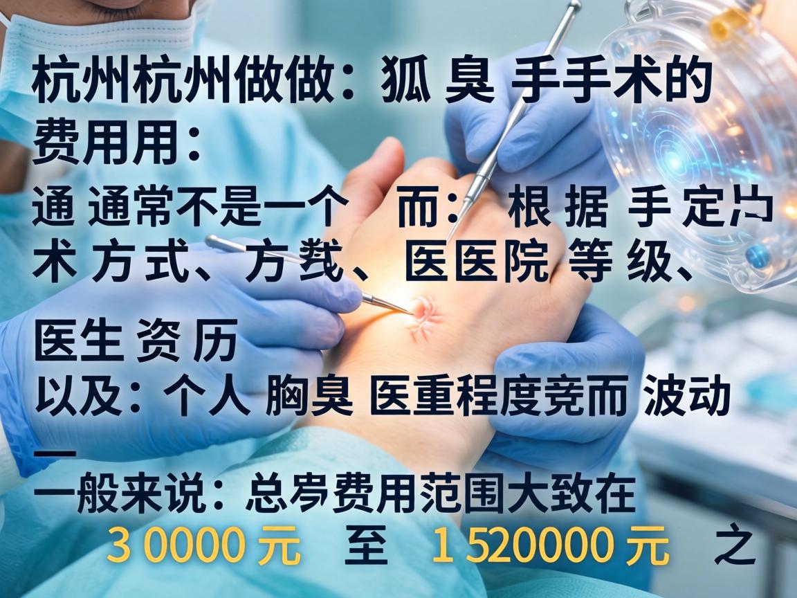 在杭州做狐臭手术的费用,通常不是一个固定的数字,而是根据手术方式、医院等级、医生资历以及个人腋臭严重程度而波动。一般来说,总费用范围大致在 3000元 至 15000元 之间 在杭州做狐臭手术的费用,通常不是一个固定的数字,而是根据手术方式、医院等级、医生资历以及个人腋臭严重程度而波动。一般来说,总费用范围大致在 3000元 至 15000元 之间