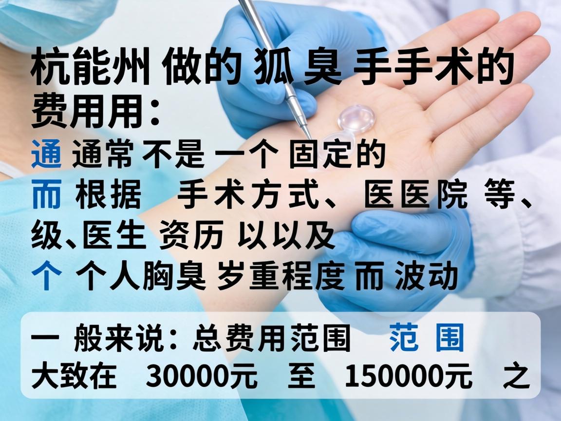 在杭州做狐臭手术的费用,通常不是一个固定的数字,而是根据手术方式、医院等级、医生资历以及个人腋臭严重程度而波动。一般来说,总费用范围大致在 3000元 至 15000元 之间 在杭州做狐臭手术的费用,通常不是一个固定的数字,而是根据手术方式、医院等级、医生资历以及个人腋臭严重程度而波动。一般来说,总费用范围大致在 3000元 至 15000元 之间