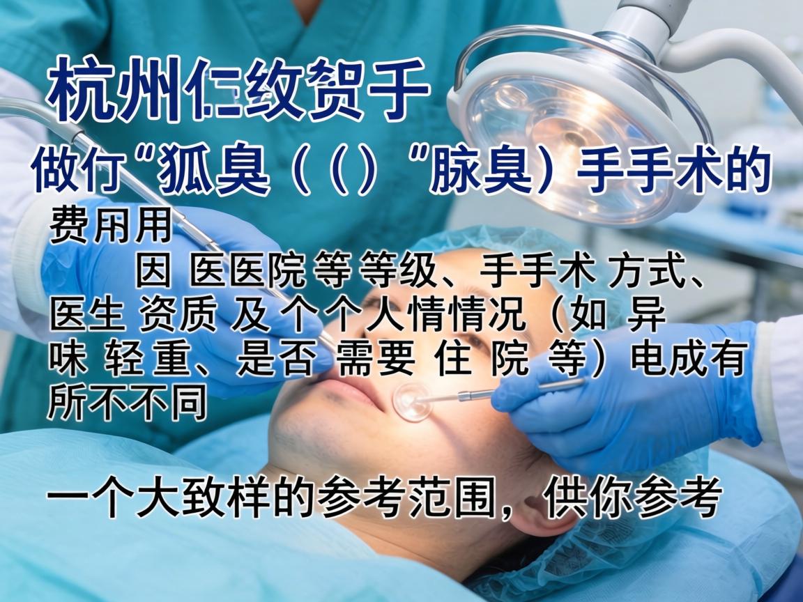 在杭州做狐臭（腋臭）手术的费用因医院等级、手术方式、医生资质及个人情况（如异味轻重、是否需要住院等）而有所不同。以下是一个大致的参考范围，供你参考