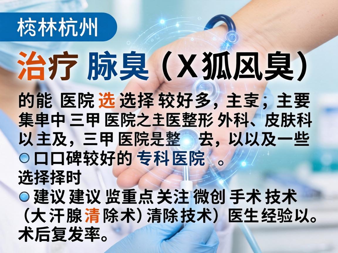 在杭州，治疗腋臭（狐臭）的医院选择较多，主要集中在三甲医院的整形外科、皮肤科，以及一些口碑较好的专科医院。选择时建议重点关注微创手术技术（如大汗腺清除术）医生经验以及术后复发率