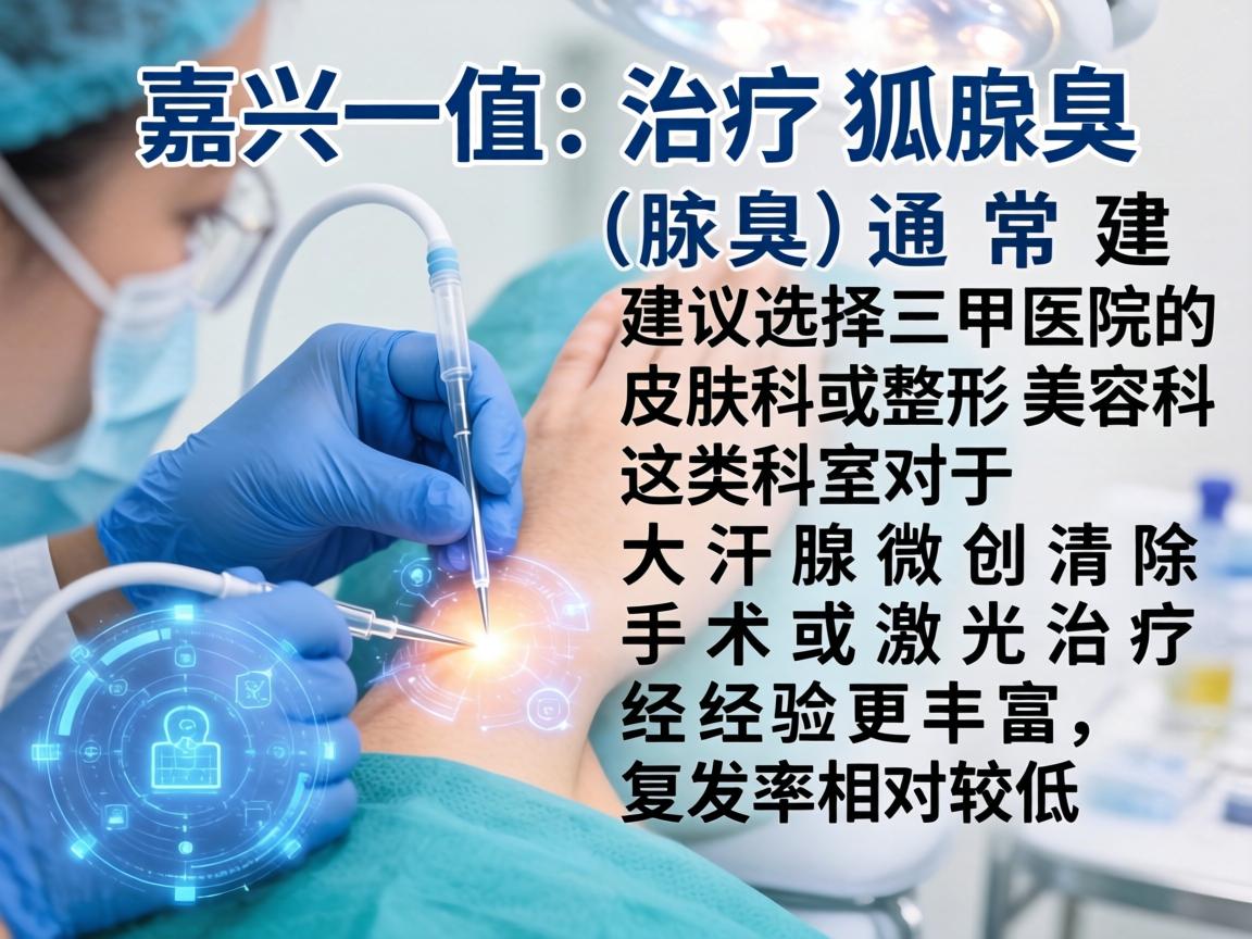在嘉兴，治疗狐臭（腋臭）通常建议选择三甲医院的皮肤科或整形美容科。这类科室对于大汗腺微创清除手术或激光治疗经验更丰富，复发率相对较低