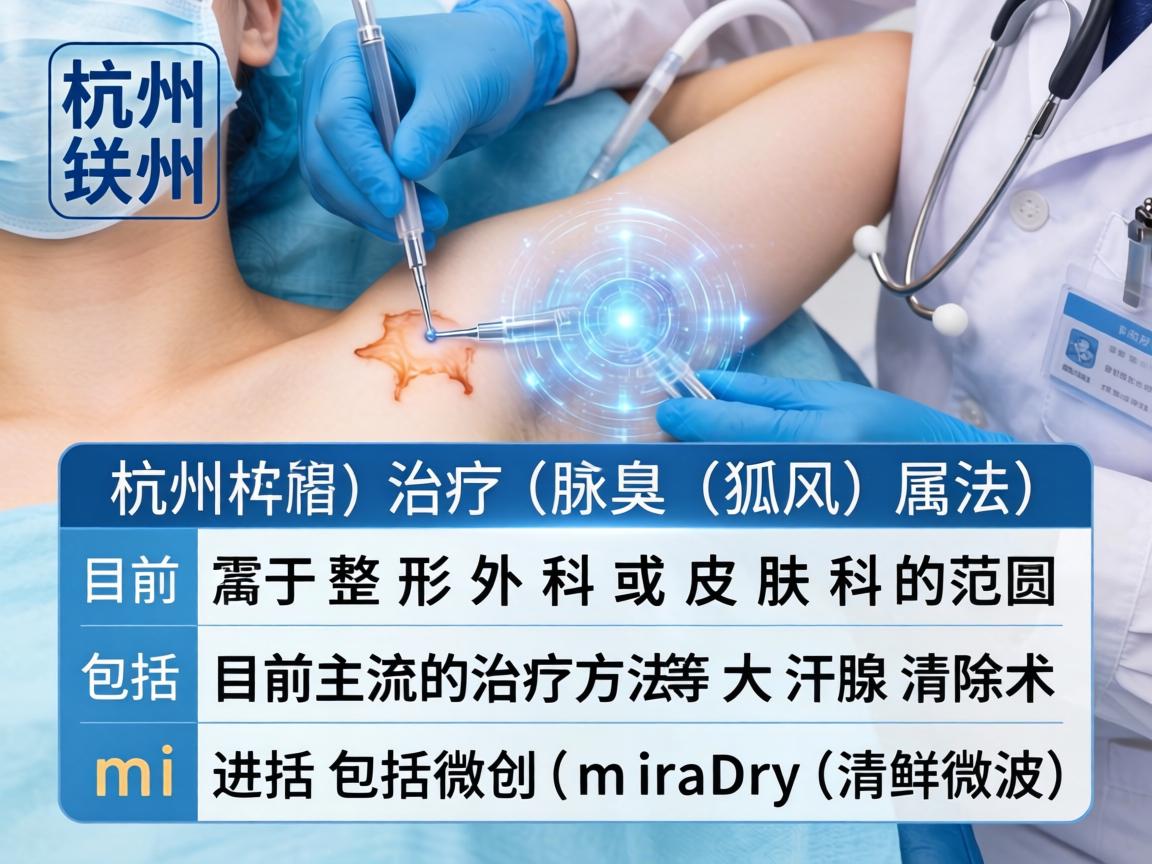 在杭州，治疗腋臭（狐臭）属于整形外科或皮肤科的范畴。目前主流的治疗方法包括微创大汗腺清除术和miraDry（清新微波）等