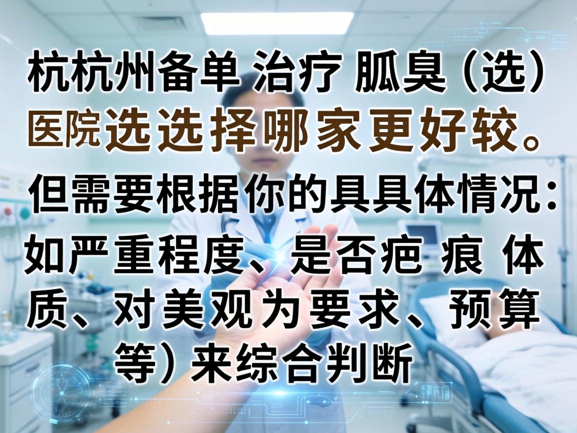 在杭州，治疗狐臭（腋臭）的医院选择较多，但选择哪家更好，需要根据你的具体情况（如严重程度、是否疤痕体质、对美观的要求、预算等）来综合判断