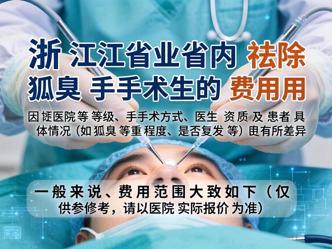 浙江省内祛除狐臭手术的费用因医院等级、手术方式、医生资质及患者具体情况(如狐臭严重程度、是否复发等)而有所差异。一般来说,费用范围大致如下(仅供参考,请以医院实际报价为准) 浙江省内祛除狐臭手术的费用因医院等级、手术方式、医生资质及患者具体情况(如狐臭严重程度、是否复发等)而有所差异。一般来说,费用范围大致如下(仅供参考,请以医院实际报价为准)