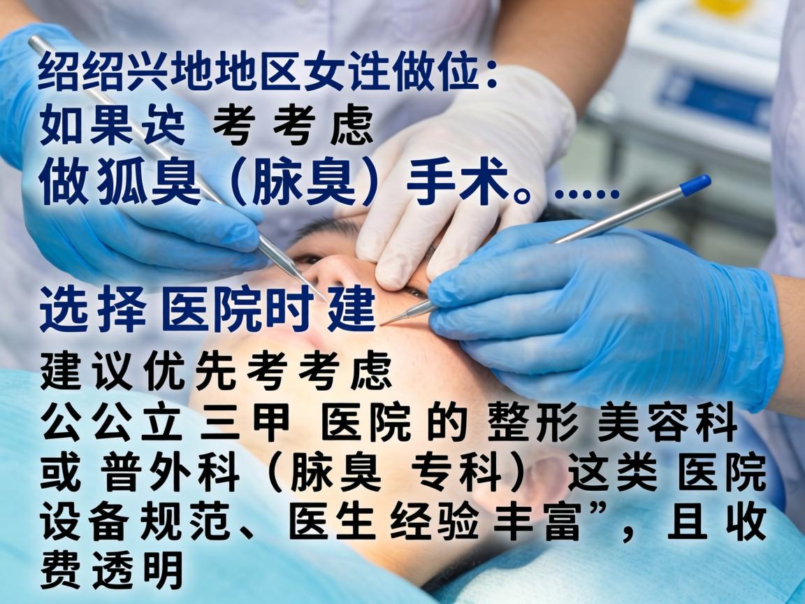 在绍兴地区，如果考虑做狐臭（腋臭）手术，选择医院时建议优先考虑公立三甲医院的整形美容科或普外科（腋臭专科）这类医院设备规范、医生经验丰富，且收费透明