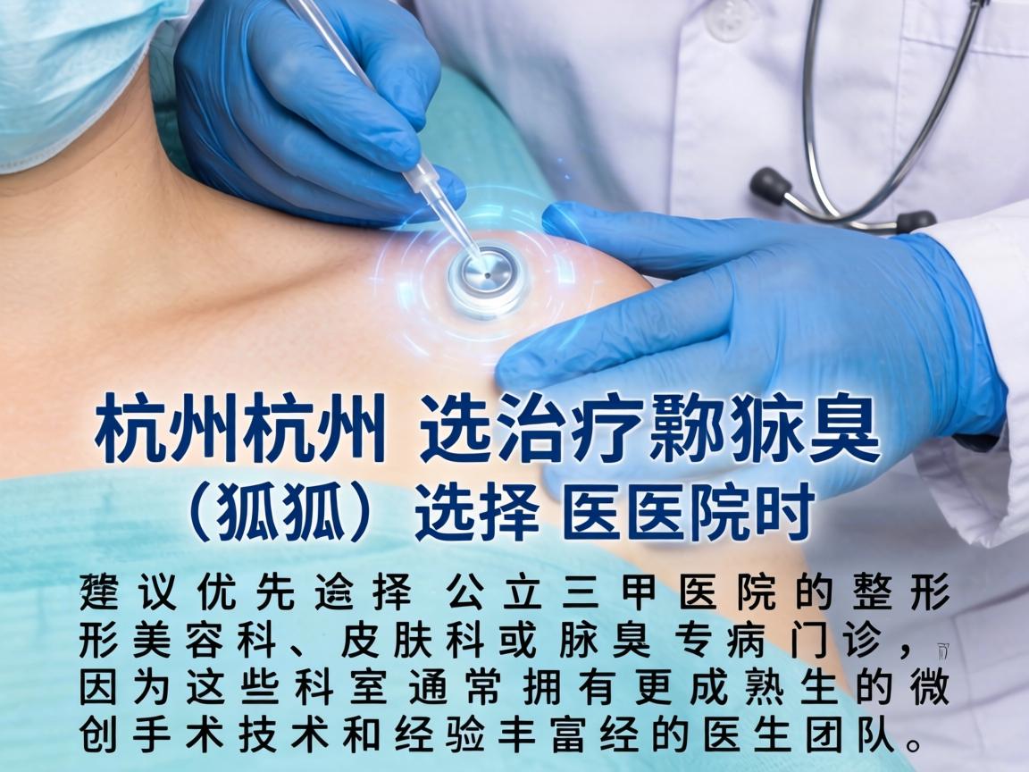 在杭州治疗腋臭（狐臭）选择医院时建议优先选择公立三甲医院的整形美容科、皮肤科或腋臭专病门诊，因为这些科室通常拥有更成熟的微创手术技术和经验丰富的医生团队